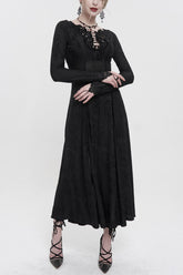 Robe gothique noire à manches longues avec tricotage long, applique symétrique et cordon au niveau de la poitrine pour femme